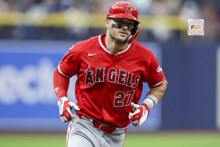 May 30, 2026; St. Petersburg, Florida, USA; Los Angeles Angels center fielder Mike Trout (27) runs the bases after hitting a home run against the Tampa Bay Rays in the fifth inning at Tropicana Field. Credit: Nathan Ray Seebeck-Imagn Images
