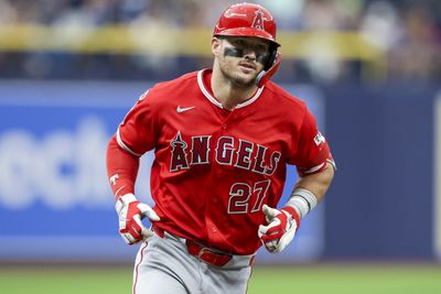 May 30, 2026; St. Petersburg, Florida, USA; Los Angeles Angels center fielder Mike Trout (27) runs the bases after hitting a home run against the Tampa Bay Rays in the fifth inning at Tropicana Field. Mandatory Credit: Nathan Ray Seebeck-Imagn Images