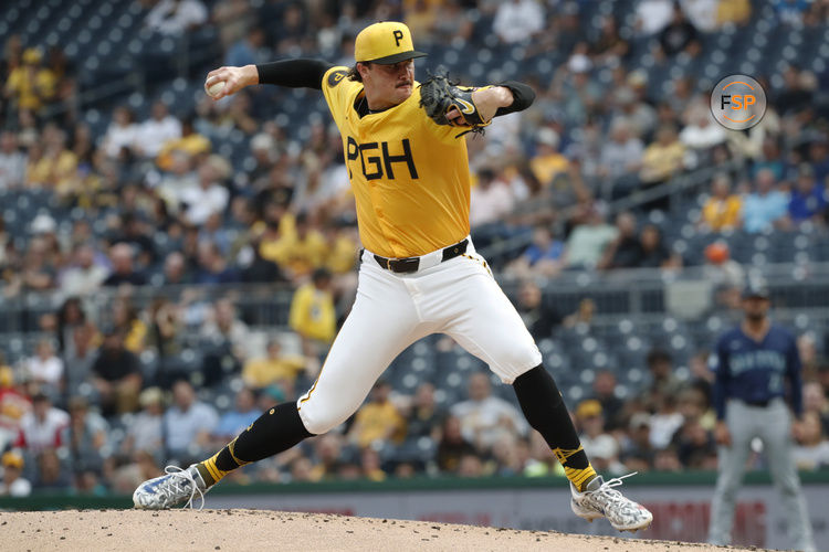 Aug 16, 2024; Pittsburgh, Pennsylvania, USA;  Pittsburgh Pirates starting pitcher Paul Skenes (30) delivers a pitch against the Seattle Mariners during the second inning at PNC Park. Credit: Charles LeClaire-USA TODAY Sports