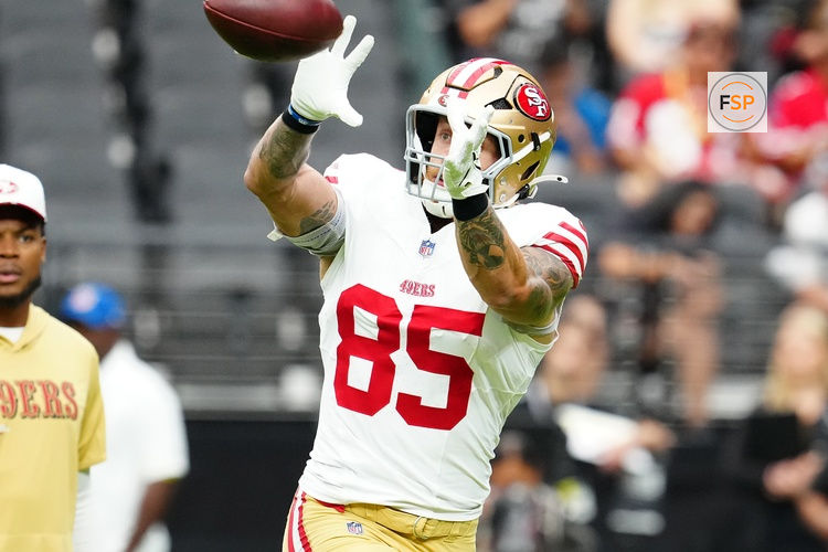 Aug 16, 2025; Paradise, Nevada, USA; San Francisco 49ers tight end George Kittle (85) warms up before a preseason game against the Las Vegas Raiders at Allegiant Stadium. Credit: Stephen R. Sylvanie-Imagn Images