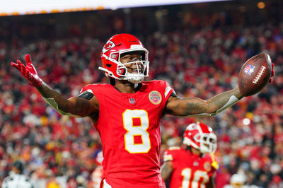 Dec 8, 2024; Kansas City, Missouri, USA; Kansas City Chiefs wide receiver DeAndre Hopkins (8) celebrates after scoring against the Los Angeles Chargers during the first half at GEHA Field at Arrowhead Stadium. Mandatory Credit: Denny Medley-Imagn Images