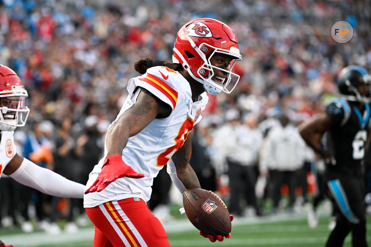 Nov 24, 2024; Charlotte, North Carolina, USA; Kansas City Chiefs wide receiver DeAndre Hopkins (8) reacts after catching a touchdown in the third quarter at Bank of America Stadium. Credit: Bob Donnan-Imagn Images