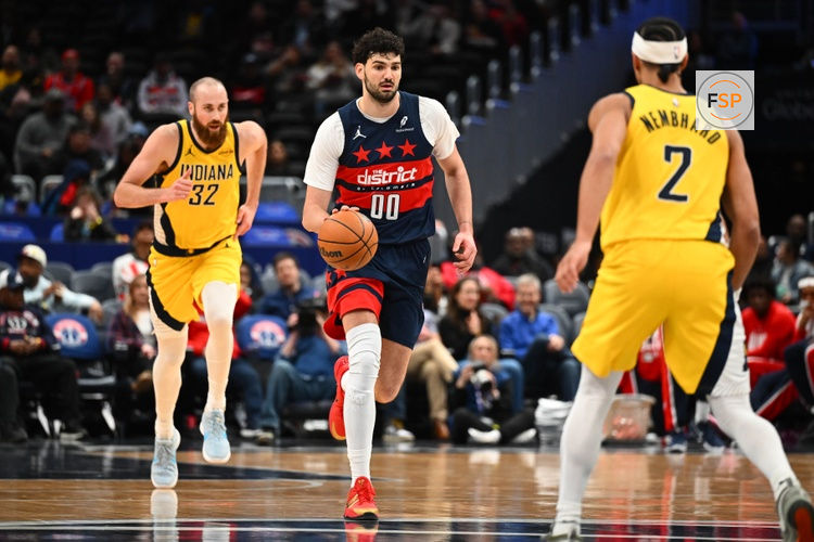 Feb 19, 2026; Washington, District of Columbia, USA; Washington Wizards forward Tristan Vukcevic (00) advances the ball against the Indiana Pacers during the first half at Capital One Arena. Credit: Brad Mills-Imagn Images