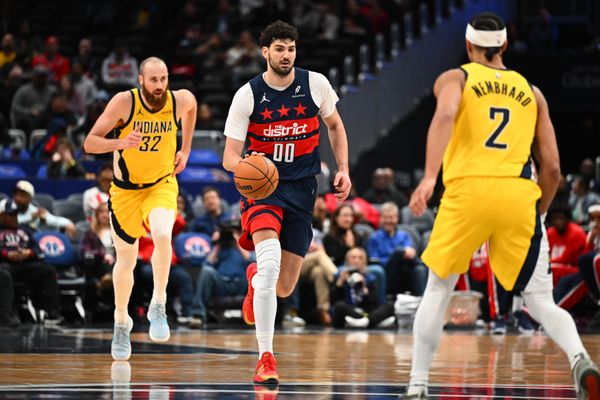 Feb 19, 2026; Washington, District of Columbia, USA; Washington Wizards forward Tristan Vukcevic (00) advances the ball against the Indiana Pacers during the first half at Capital One Arena. Mandatory Credit: Brad Mills-Imagn Images