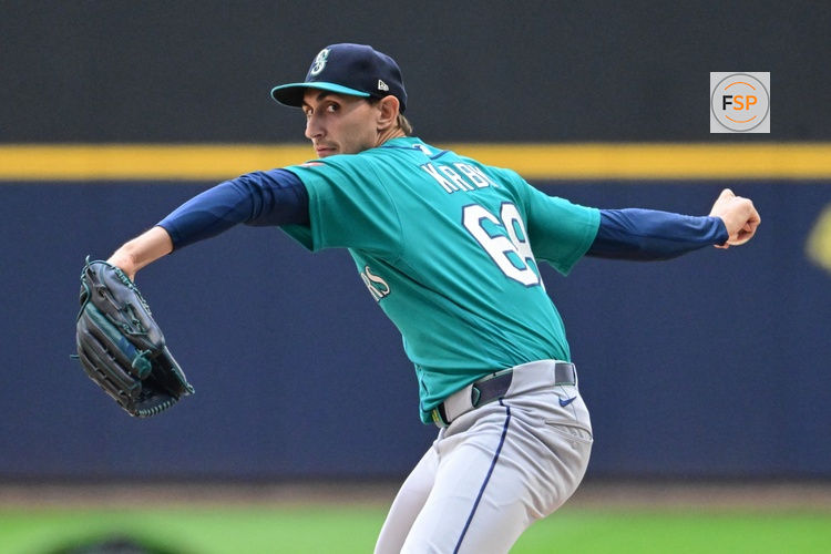 Aug 20, 2026; Milwaukee, Wisconsin, USA;  Seattle Mariners starting pitcher George Kirby (68) throws a pitch in the first inning against the Milwaukee Brewers at American Family Field.  Credit: Benny Sieu-Imagn Images