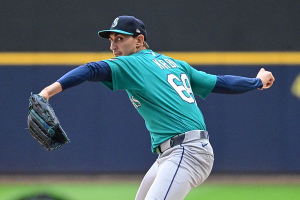 Aug 20, 2026; Milwaukee, Wisconsin, USA;  Seattle Mariners starting pitcher George Kirby (68) throws a pitch in the first inning against the Milwaukee Brewers at American Family Field.  Mandatory Credit: Benny Sieu-Imagn Images