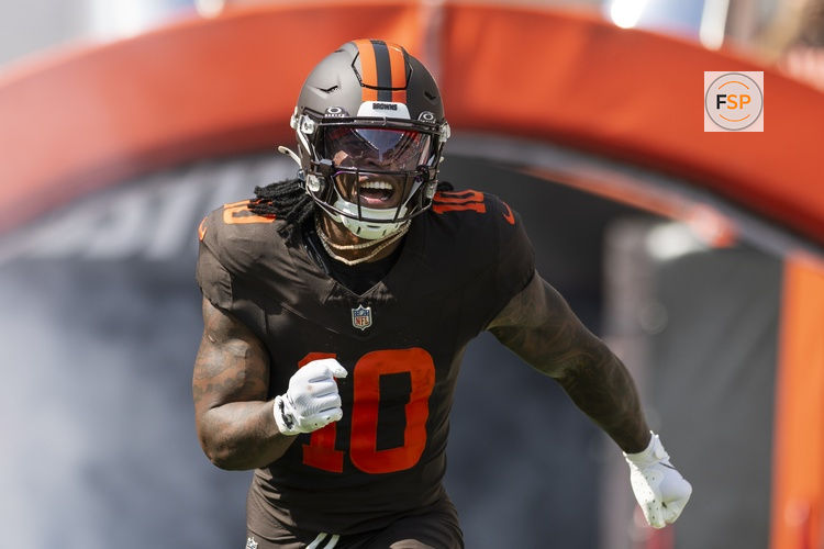 Sep 21, 2025; Cleveland, Ohio, USA; Cleveland Browns running back Quinshon Judkins (10) runs onto the field during player introductions before the game against the Green Bay Packers at Huntington Bank Field. Credit: Scott Galvin-Imagn Images