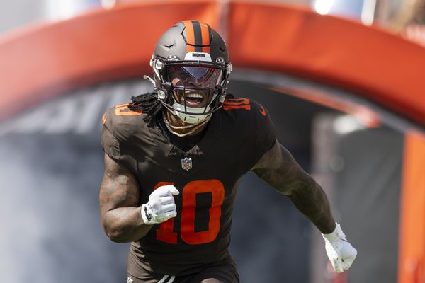 Sep 21, 2025; Cleveland, Ohio, USA; Cleveland Browns running back Quinshon Judkins (10) runs onto the field during player introductions before the game against the Green Bay Packers at Huntington Bank Field. Mandatory Credit: Scott Galvin-Imagn Images