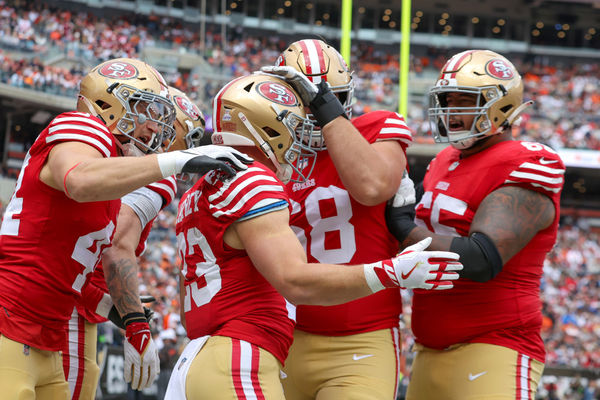 CLEVELAND, OH - OCTOBER 15: San Francisco 49ers running back Christian McCaffrey (23) celebrates with teammates after scoring on a 13-yard touchdown catch during the first quarter of the National Football League game between the San Francisco 49ers and Cleveland Browns on October 15, 2023, at Cleveland Browns Stadium in Cleveland, OH. (Photo by Frank Jansky/Icon Sportswire)