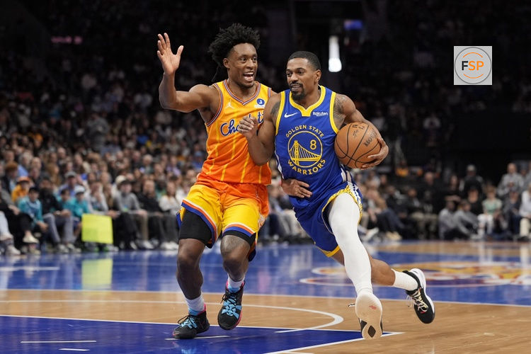 Dec 31, 2025; Charlotte, North Carolina, USA; Charlotte Hornets guard Collin Sexton (8) guards Golden State Warriors guard De'Anthony Melton (8) during the second half at Spectrum Center. Credit: Jim Dedmon-Imagn Images