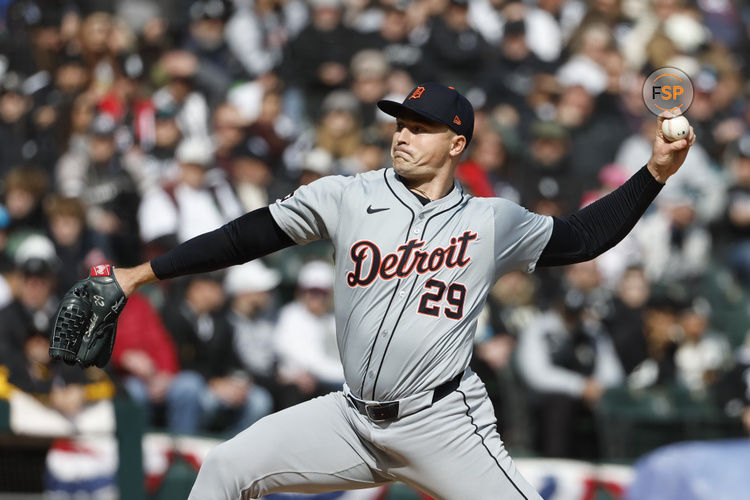 Mar 28, 2024; Chicago, Illinois, USA; Detroit Tigers starting pitcher Tarik Skubal (29) delivers a pitch during the first inning of the Opening Day game against the Chicago White Sox at Guaranteed Rate Field. Credit: Kamil Krzaczynski-USA TODAY Sports