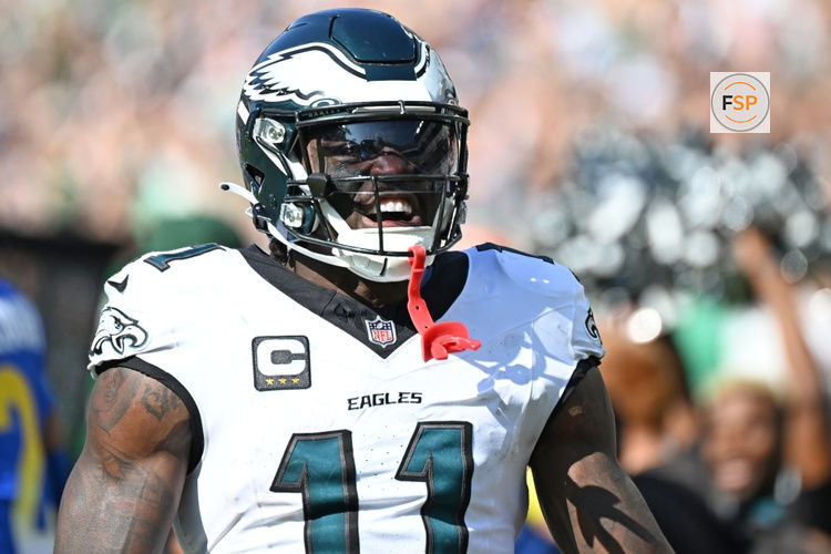 Sep 21, 2025; Philadelphia, Pennsylvania, USA;  Philadelphia Eagles wide receiver AJ. Brown (11) against the Los Angeles Rams at Lincoln Financial Field. Credit: Eric Hartline-Imagn Images