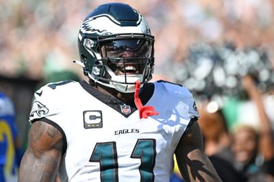 Sep 21, 2025; Philadelphia, Pennsylvania, USA;  Philadelphia Eagles wide receiver AJ. Brown (11) against the Los Angeles Rams at Lincoln Financial Field. Mandatory Credit: Eric Hartline-Imagn Images