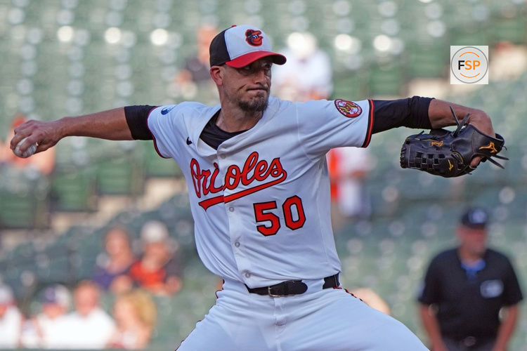 Jun 24, 2025; Baltimore, Maryland, USA; Baltimore Orioles pitcher Charlie Morton (50) delivers during the second inning against the Texas Rangers at Oriole Park at Camden Yards. Credit: Mitch Stringer-Imagn Images