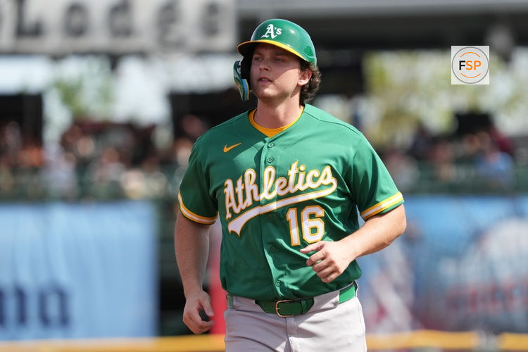 Feb 23, 2026; Scottsdale, Arizona, USA; Athletics first baseman Nick Kurtz (16) runs the bases against the San Francisco Giants in the first inning at Scottsdale Stadium. Credit: Rick Scuteri-Imagn Images