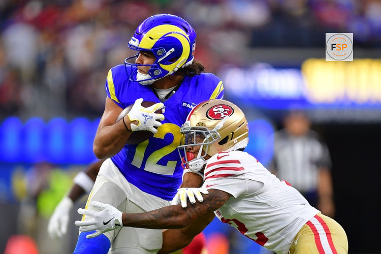 Oct 2, 2025; Inglewood, California, USA; Los Angeles Rams wide receiver Puka Nacua (12) makes a catch against the San Francisco 49ers during the first half at SoFi Stadium. Credit: Gary A. Vasquez-Imagn Images