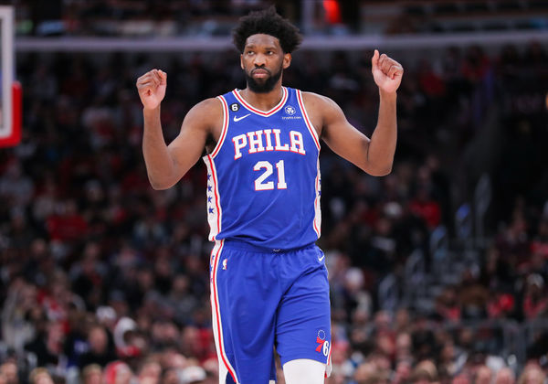 CHICAGO, IL - MARCH 22: Philadelphia 76ers center Joel Embiid (21) reacts to a play during a NBA game between the Philadelphia 76ers and the Chicago Bulls on March 22, 2023 at the United Center in Chicago, IL. (Photo by Melissa Tamez/Icon Sportswire)