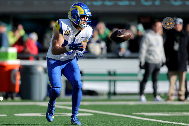 Dec 22, 2024; East Rutherford, New Jersey, USA; Los Angeles Rams wide receiver Cooper Kupp (10) warms up before a game against the New York Jets at MetLife Stadium. Credit: Brad Penner-Imagn Images