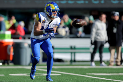 Dec 22, 2024; East Rutherford, New Jersey, USA; Los Angeles Rams wide receiver Cooper Kupp (10) warms up before a game against the New York Jets at MetLife Stadium. Mandatory Credit: Brad Penner-Imagn Images