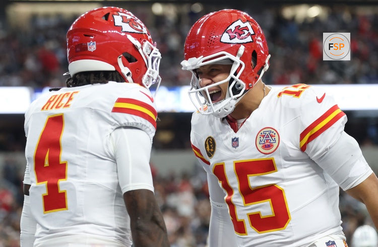 Nov 27, 2025; Arlington, Texas, USA; Kansas City Chiefs wide receiver Rashee Rice (4) and Kansas City Chiefs quarterback Patrick Mahomes (15) celebrate after a play against the Dallas Cowboys during the first quarter at AT&T Stadium. Credit: Kevin Jairaj-Imagn Images