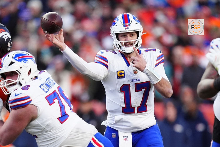 Jan 17, 2026; Denver, CO, USA; Buffalo Bills quarterback Josh Allen (17) throws a touchdown pass during the third quarter of an AFC Divisional Round playoff game against the Denver Broncos at Empower Field at Mile High. Credit: Ron Chenoy-Imagn Images