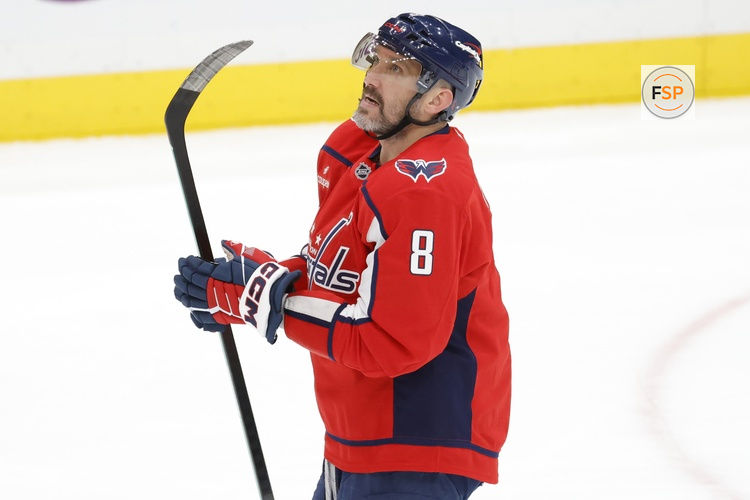 Mar 20, 2026; Washington, District of Columbia, USA; Washington Capitals left wing Alex Ovechkin (8) looks on from the ice against the New Jersey Devils during the third period at Capital One Arena. Credit: Amber Searls-Imagn Images
