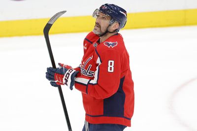 Mar 20, 2026; Washington, District of Columbia, USA; Washington Capitals left wing Alex Ovechkin (8) looks on from the ice against the New Jersey Devils during the third period at Capital One Arena. Mandatory Credit: Amber Searls-Imagn Images