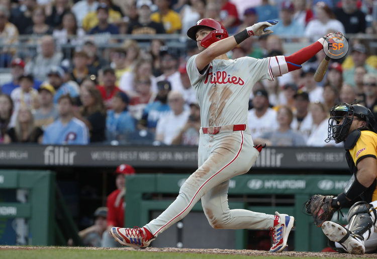 Jul 19, 2024; Pittsburgh, Pennsylvania, USA;  Philadelphia Phillies shortstop Trea Turner (7) hits a two run home run against the Pittsburgh Pirates during the fourth inning at PNC Park. Credit: Charles LeClaire-USA TODAY Sports