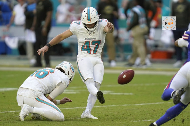 Nov 9, 2025; Miami Gardens, Florida, USA; Miami Dolphins place kicker Riley Patterson (47) kicks during the second half against the Buffalo Bills at Hard Rock Stadium. Credit: Jeff Romance-Imagn Images