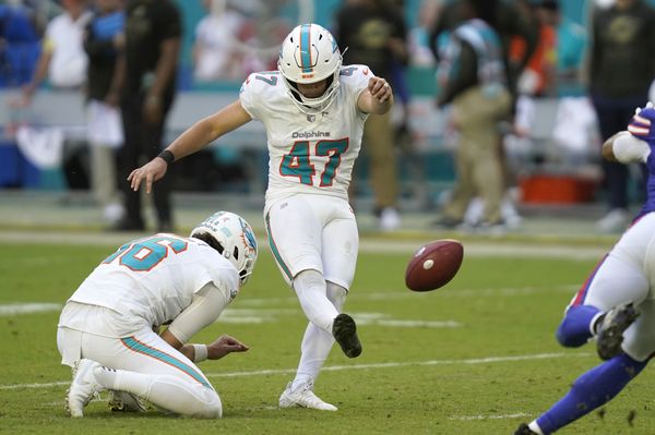 Nov 9, 2025; Miami Gardens, Florida, USA; Miami Dolphins place kicker Riley Patterson (47) kicks during the second half against the Buffalo Bills at Hard Rock Stadium. Mandatory Credit: Jeff Romance-Imagn Images
