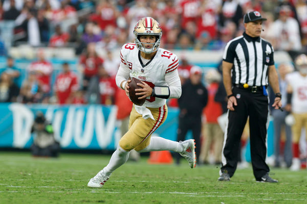 JACKSONVILLE, FL - NOVEMBER 12: San Francisco 49ers quarterback Brock Purdy (13) looks for a receiver during the game between the San Francisco 49ers and the Jacksonville Jaguars on November 12, 2023 at  EverBank Stadium in Jacksonville, Florida. (Photo by David Rosenblum/Icon Sportswire)
