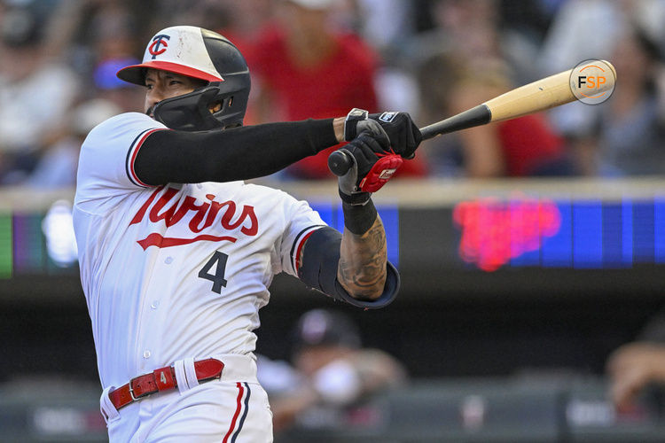 MINNEAPOLIS, MN - AUGUST 25: Minnesota Twins Infield Carlos Correa (4) takes a swing during a MLB game between the Minnesota Twins and Texas Rangers on August 25, 2023, at Target Field in Minneapolis, MN.(Photo by Nick Wosika/Icon Sportswire)