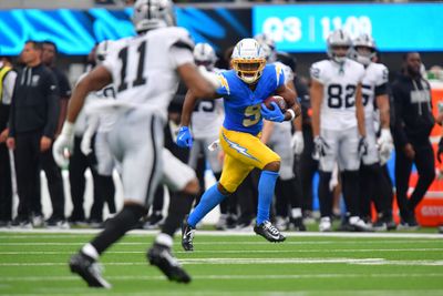 Sep 20, 2026; Inglewood, California, USA;  Los Angeles Chargers wide receiver Tre' Harris (9) runs after a catch against the Las Vegas Raiders during the second half at SoFi Stadium.  Mandatory Credit: Gary A. Vasquez-Imagn Images