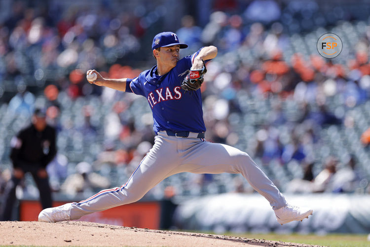 DETROIT, MI - APRIL 18: Texas Rangers pitcher Jack Leiter (35) delivers a pitch during an MLB game against the Detroit Tigers on April 18, 2024 at Comerica Park in Detroit, Michigan. (Photo by Joe Robbins/Icon Sportswire)