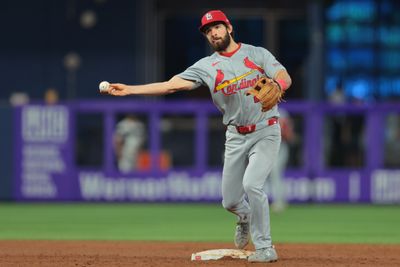 Apr 22, 2026; Miami, Florida, USA; St. Louis Cardinals shortstop Thomas Saggese (25) turns a double play against the Miami Marlins during the sixth inning at loanDepot Park. Mandatory Credit: Sam Navarro-Imagn Images