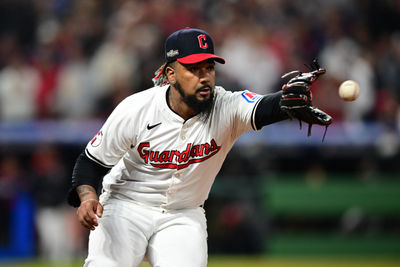 Oct 18, 2024; Cleveland, Ohio, USA; Cleveland Guardians pitcher Emmanuel Clase (48) fields the ball in the ninth inning against the New York Yankees during game four of the ALCS for the 2024 MLB playoffs at Progressive Field. Mandatory Credit: David Dermer-Imagn Images