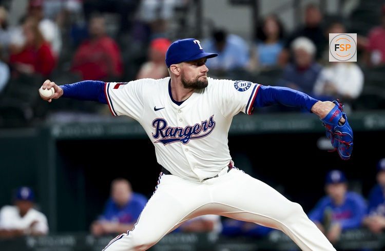 Apr 30, 2025; Arlington, Texas, USA;  Texas Rangers starting pitcher Nathan Eovaldi (17) throws during the first inning against the Oakland Athletics at Globe Life Field. Credit: Kevin Jairaj-Imagn Images