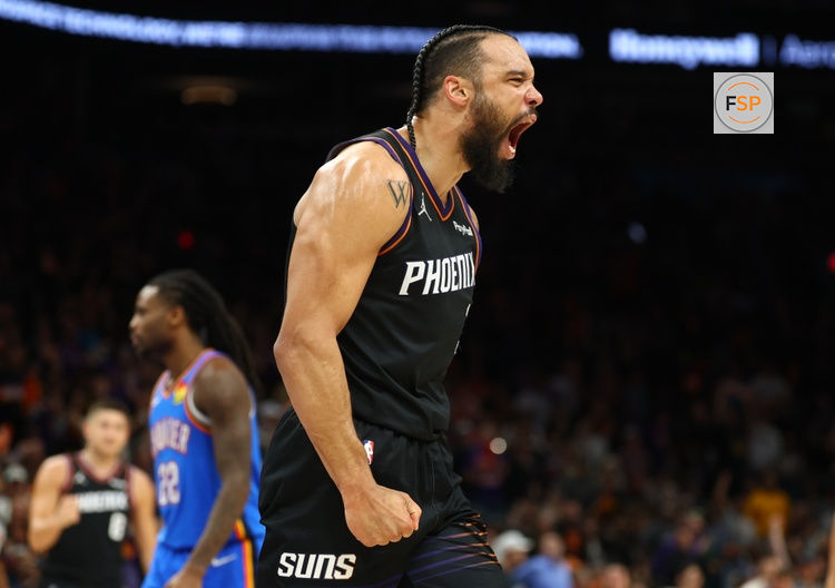 Apr 27, 2026; Phoenix, Arizona, USA; Phoenix Suns forward Dillon Brooks (3) celebrates a shot against the Oklahoma City Thunder in the second half during game four of the first round of the 2026 NBA Playoffs at Mortgage Matchup Center. Credit: Mark J. Rebilas-Imagn Images