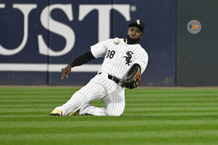 Sep 13, 2024; Chicago, Illinois, USA;  Chicago White Sox outfielder Luis Robert Jr. (88) catches a fly ball hit by Oakland Athletics outfielder Seth Brown (15) during the sixth inning at Guaranteed Rate Field. Credit: Matt Marton-Imagn Images