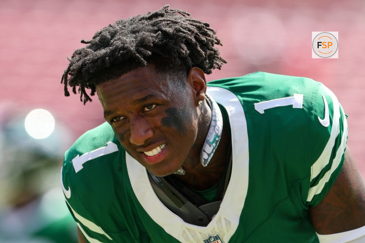 Sep 21, 2025; Tampa, Florida, USA; New York Jets cornerback Sauce Gardner (1) looks on before a game against the Tampa Bay Buccaneers at Raymond James Stadium. Credit: Nathan Ray Seebeck-Imagn Images
