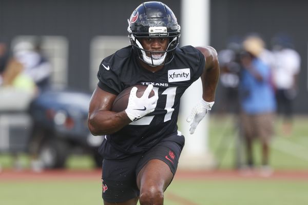 Jul 23, 2025; Houston, TX, USA;  Houston Texans running back Nick Chubb (21) during training camp at Houston Methodist Training Center. Mandatory Credit: Troy Taormina-Imagn Images