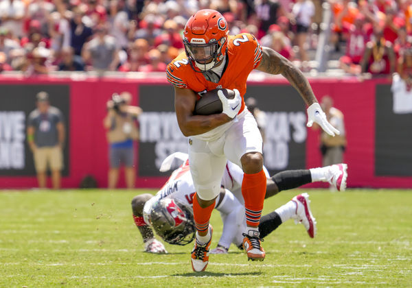 TAMPA, FL - SEPTEMBER 17: Chicago Bears wide receiver DJ Moore (2) breaks the tackle and runs for a big gain during the NFL Football match between the Tampa Bay Buccaneers and Chicago Bears on September 17, 2023 at TIAA Bank Field Stadium, FL. (Photo by Andrew Bershaw/Icon Sportswire)