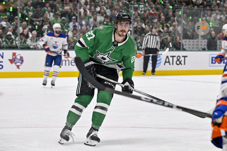 May 29, 2025; Dallas, Texas, USA; Dallas Stars left wing Mason Marchment (27) in action during the game between the Dallas Stars and the Edmonton Oilers in game five of the Western Conference Final of the 2025 Stanley Cup Playoffs at American Airlines Center. Credit: Jerome Miron-Imagn Images
