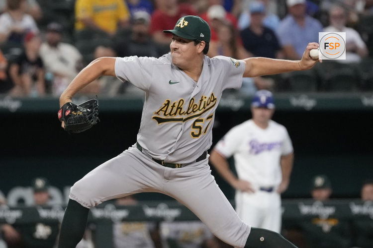Sep 2, 2026; Arlington, Texas, USA;  Athletics pitcher Jacob Lopez (57) throws to the plate against the Texas Rangers during the first inning at Globe Life Field. Credit: Raymond Carlin III-Imagn Images