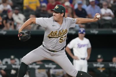 Sep 2, 2026; Arlington, Texas, USA;  Athletics pitcher Jacob Lopez (57) throws to the plate against the Texas Rangers during the first inning at Globe Life Field. Mandatory Credit: Raymond Carlin III-Imagn Images