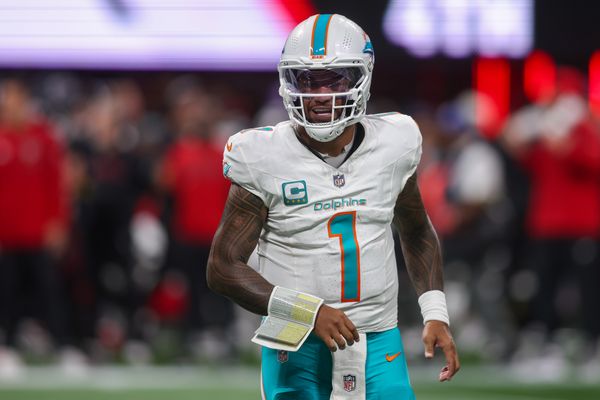 Oct 26, 2025; Atlanta, Georgia, USA; Miami Dolphins quarterback Tua Tagovailoa (1) in action against the Atlanta Falcons in the fourth quarter at Mercedes-Benz Stadium. Mandatory Credit: Brett Davis-Imagn Images