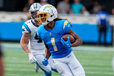 Sep 15, 2024; Charlotte, North Carolina, USA; Los Angeles Chargers wide receiver Quentin Johnston (1) runs against the Carolina Panthers during the second half at Bank of America Stadium. Mandatory Credit: Jim Dedmon-Imagn Images