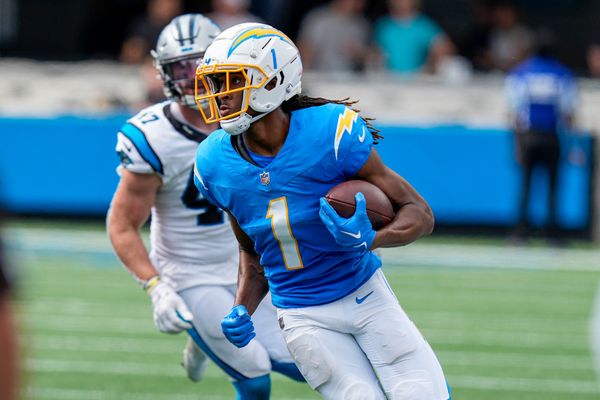 Sep 15, 2024; Charlotte, North Carolina, USA; Los Angeles Chargers wide receiver Quentin Johnston (1) runs against the Carolina Panthers during the second half at Bank of America Stadium. Mandatory Credit: Jim Dedmon-Imagn Images