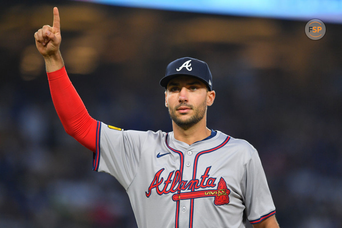 LOS ANGELES, CA - MAY 03: Atlanta Braves first baseman Matt Olson (28) celebrates during the MLB game between the Atlanta Braves and the Los Angeles Dodgers on May 3, 2024 at Dodger Stadium in Los Angeles, CA. (Photo by Brian Rothmuller/Icon Sportswire)