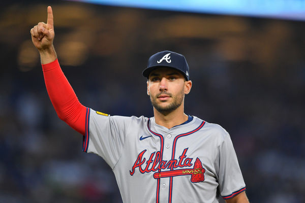 LOS ANGELES, CA - MAY 03: Atlanta Braves first baseman Matt Olson (28) celebrates during the MLB game between the Atlanta Braves and the Los Angeles Dodgers on May 3, 2024 at Dodger Stadium in Los Angeles, CA. (Photo by Brian Rothmuller/Icon Sportswire)